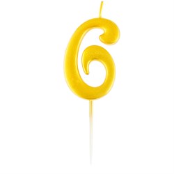 Свеча для торта MESHU на подставке, цифра "6" 5,2см (MS_59518) золото