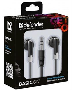 Наушники Defender "Basic 617" (63617) вакуумные, разъем 3.5мм, провод 1.1м, черные, в пакете