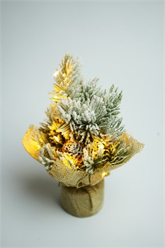 Елка 19см на подставке (1-2/1-3/1-4) с инеем, гирляндой и украшениями, бат. в комплекте