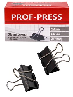 Зажимы для бумаг 25мм черные "Prof-Press" (ЗК-4167) комплект 12шт.