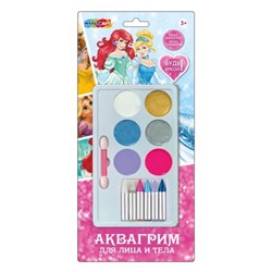 Набор для аквагрима "Принцессы Disney" палетка  6цв. + карандаши 6шт. (FACEPAINT-127104, 387222) в блистере