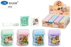 Точилка "Капибара" пласт., 2 отв., с контейнером + ластик (6056) цвет в ассортименте