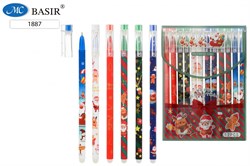 Ручка гелевая стираемая BASIR "Новогодняя" (1887) синяя, 0.5мм, цветной корпус с рисунком