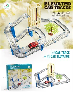 Автотрек "Fenming" с авт. лифтом на батар. (6801) в собр. виде 61*28*32см, джип на бат. + 57 дет. в коробке