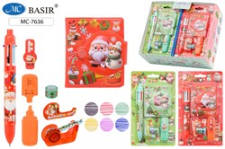 Канц. набор BASIR "Новогодний" (MC-7636) блокнот 8,3*7см, ручка 6-и цв., текстмаркер, диспенсер с клейкой лентой, в блистере