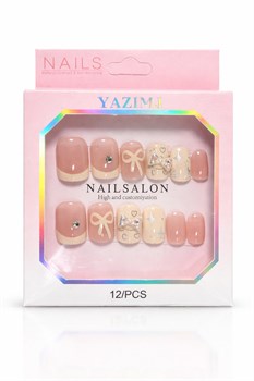 Накладные ногти  (8508 короткие) с 2-мя бантиками и 2-мя стразами, в коробке, в ассорт.