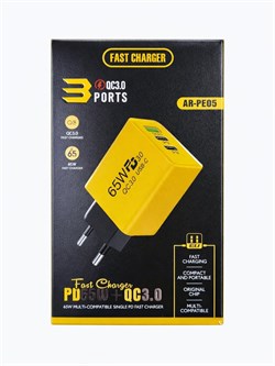 Зарядное устройство сетевое (AR-PD05) QC3.0, PD65W, 1 USB, черно-желтое