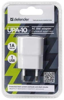 Зарядное устройство сетевое Defender "UPA-22" (83580) 2.1А, 2 USB, белое