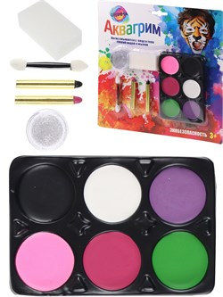 Набор для аквагрима: палетка  6цв., карандаши 2шт., гель с блестками, спонж (КС-3596) в блистере