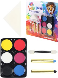 Набор для аквагрима: палетка  6цв., карандаши 2шт., спонж (КС-3595) в блистере