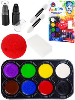 Набор для аквагрима: палетка  8цв., губная помада 2шт., нос клоуна, спонж (КС-4628) в блистере