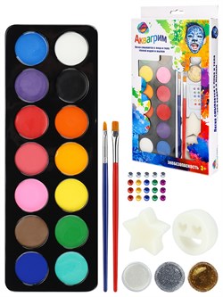 Набор для аквагрима: палетка 14цв., гель с блестками 3шт, кисти 2шт., спонж 2шт., стразы (КС-1174) в коробке