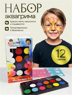 Набор для аквагрима: палетка 12цв., кисти 2шт., трафареты 2шт. (КС-1175) в коробке