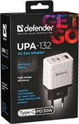 Зарядное устройство сетевое Defender "UPA-132" (83230) 30Вт, 1 USB, 1 Type-C, с технологией GaN, белое
