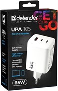 Зарядное устройство сетевое Defender "UPA-105" (83265) 65Вт, 1 USB, 2 Type-C, с технологией GaN, белое